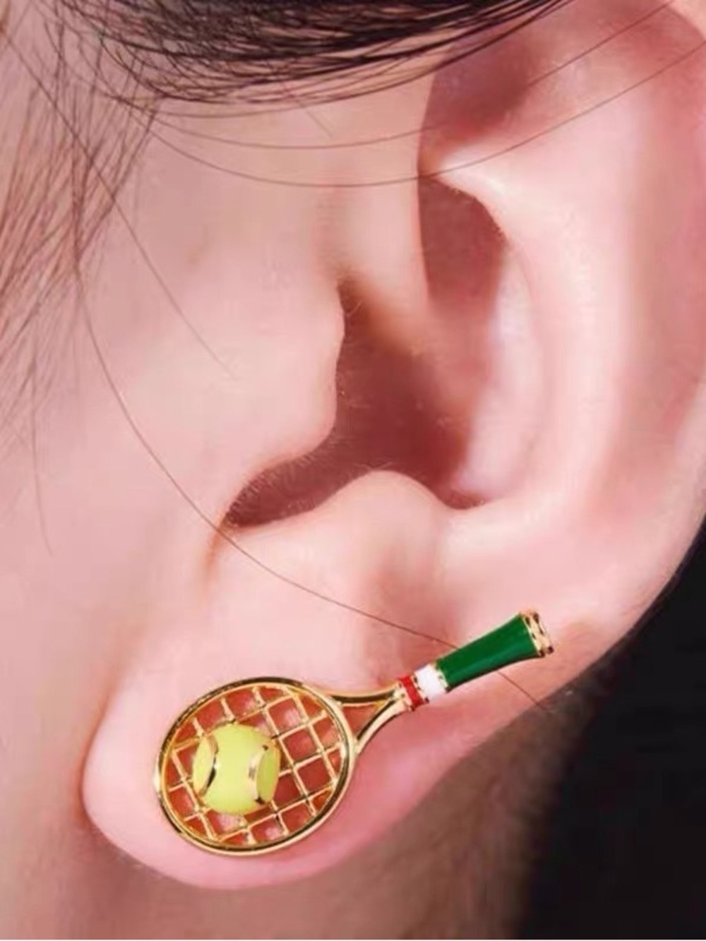 Gold Tennis Racket Stud Earrings – Green Handle